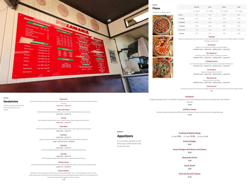 Pizzamania Menu