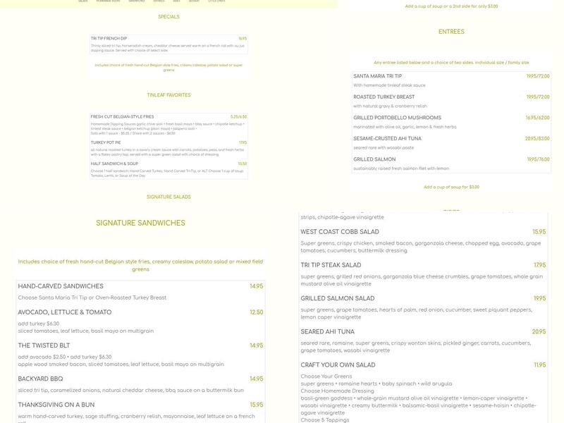 Tinleaf Fresh Kitchen Menu