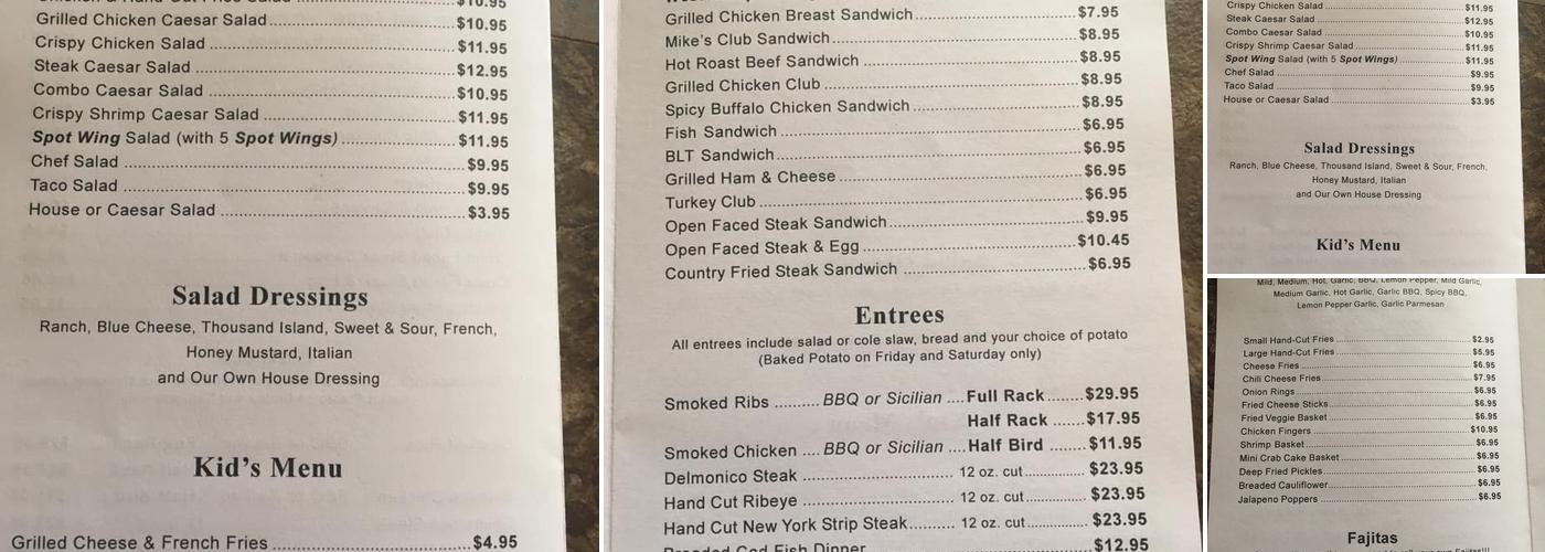Shady Spot Tavern & Grill Menu