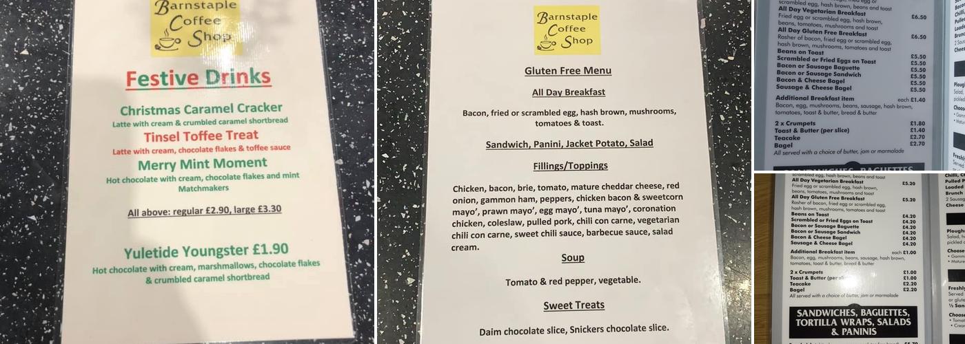 Barnstaple Coffee Shop Menu