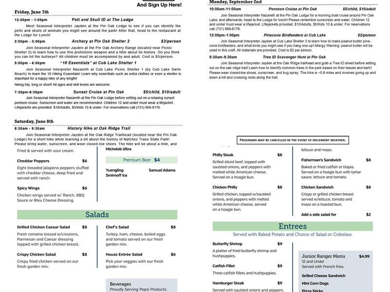 The Lodge at Natchez Trace Menu