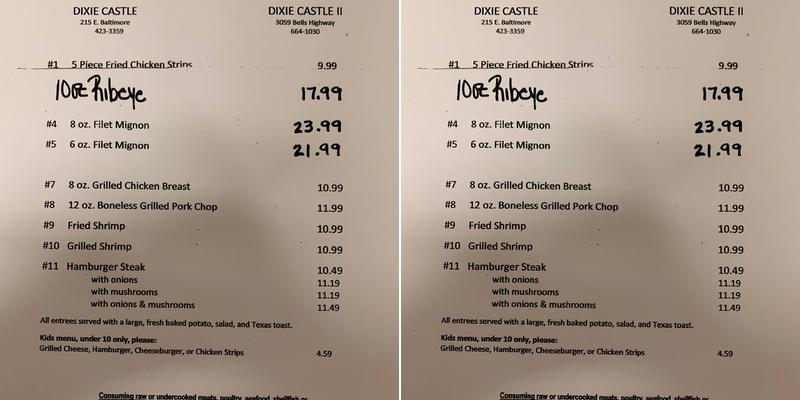 Dixie Castle II Menu