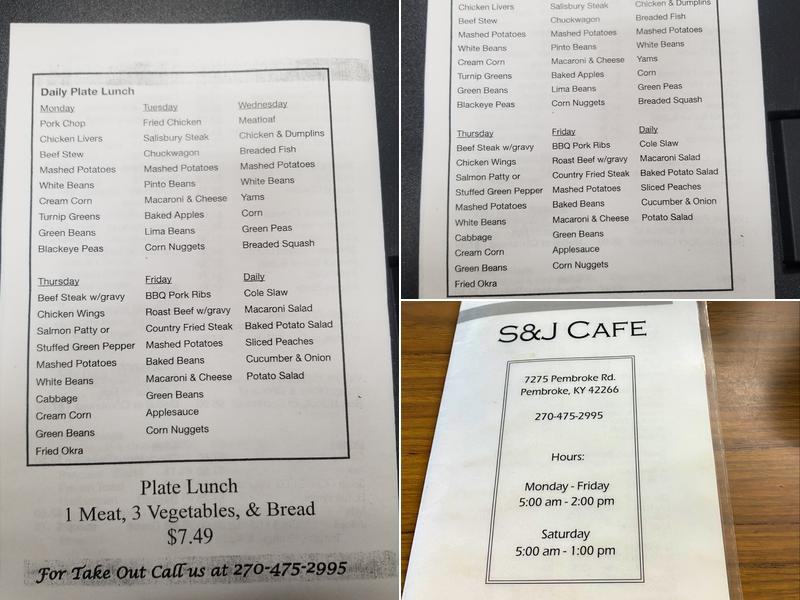 S & J Cafe Menu