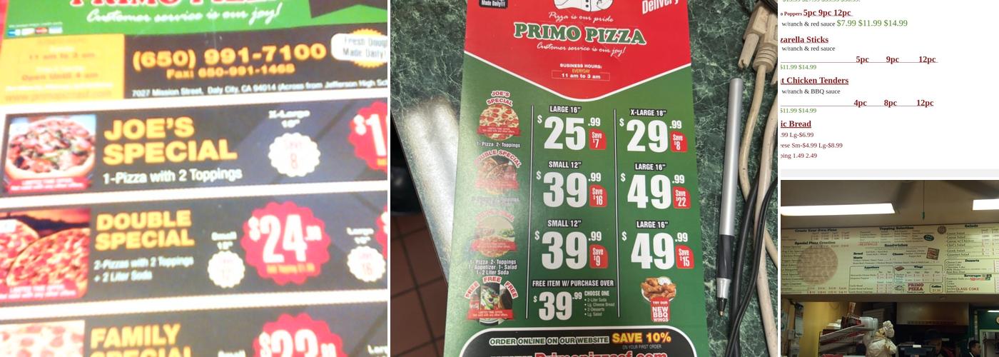 Primo Pizza Menu