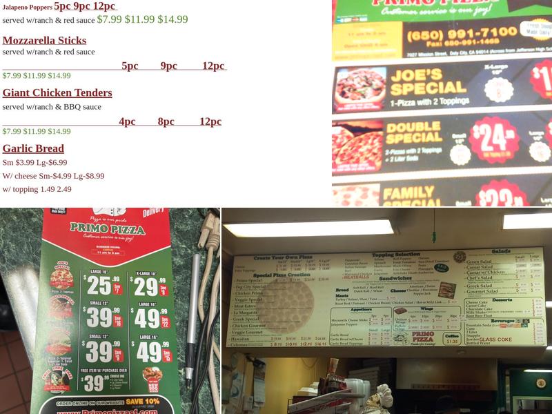 Primo Pizza Menu