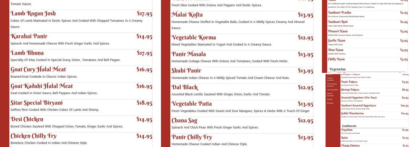 Sitar Indian Cuisine Menu