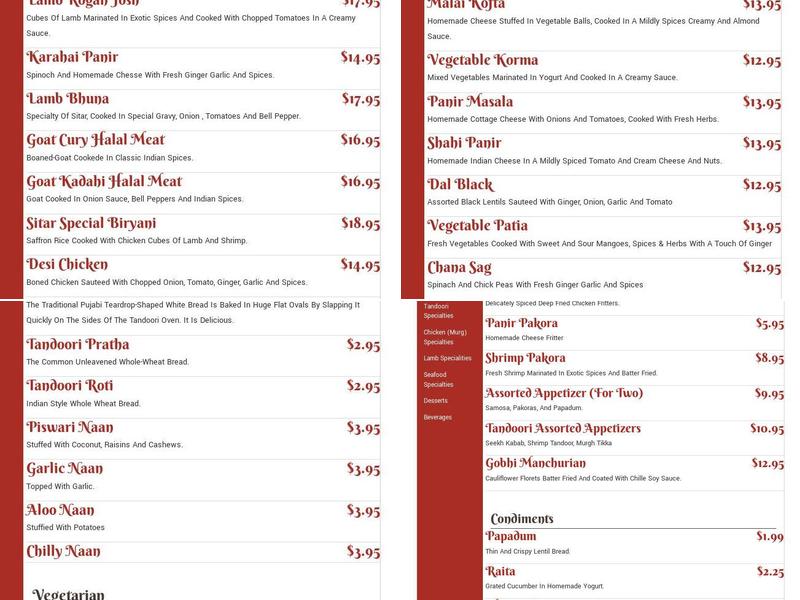 Sitar Indian Cuisine Menu