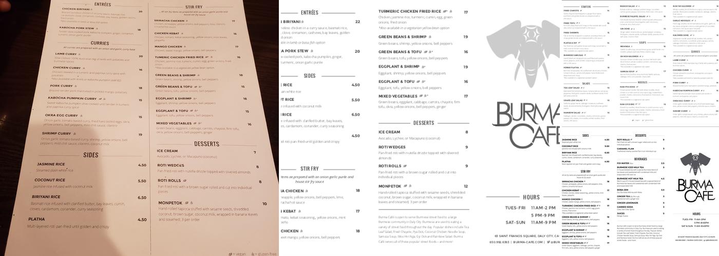 Burma Cafe Menu