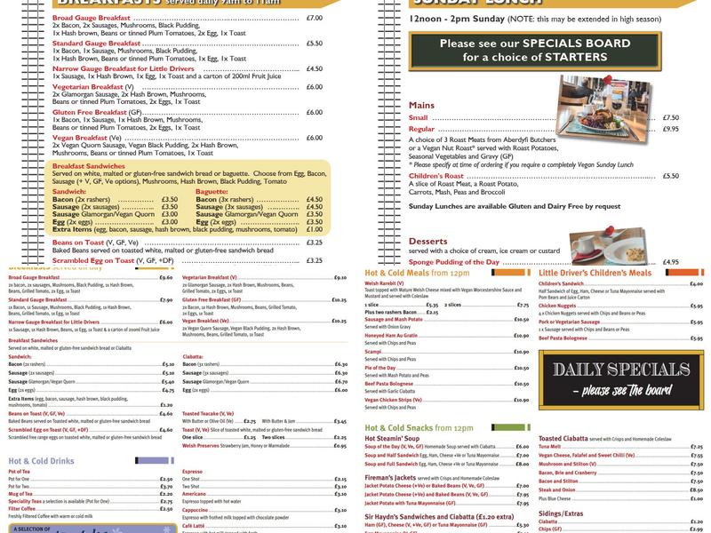 King's Cafe at the Talyllyn Railway Menu