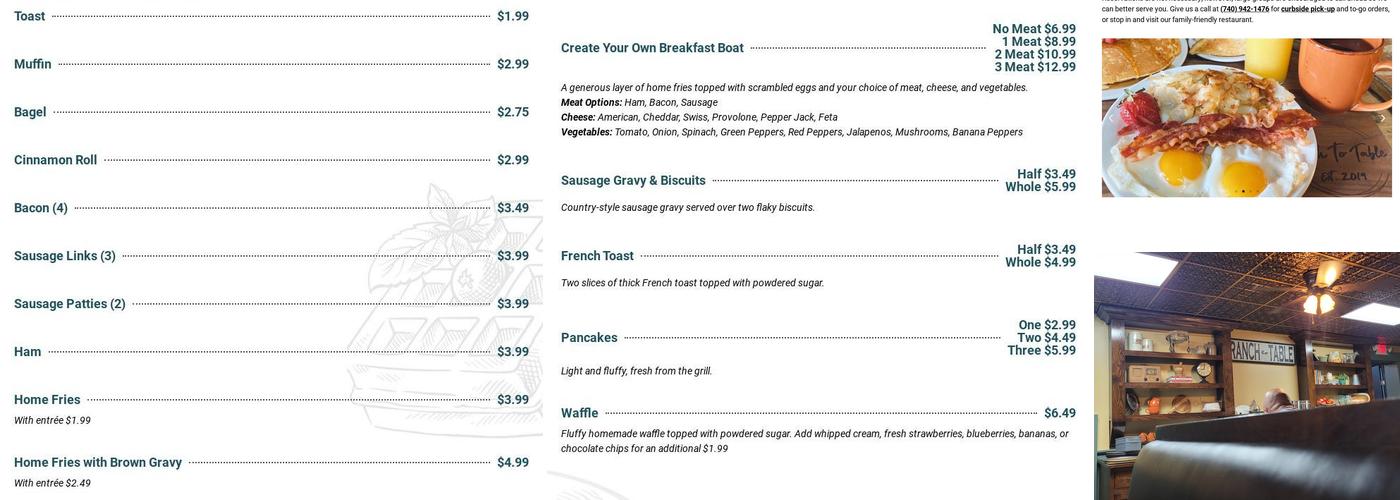 Ranch To Table Restaurant Menu