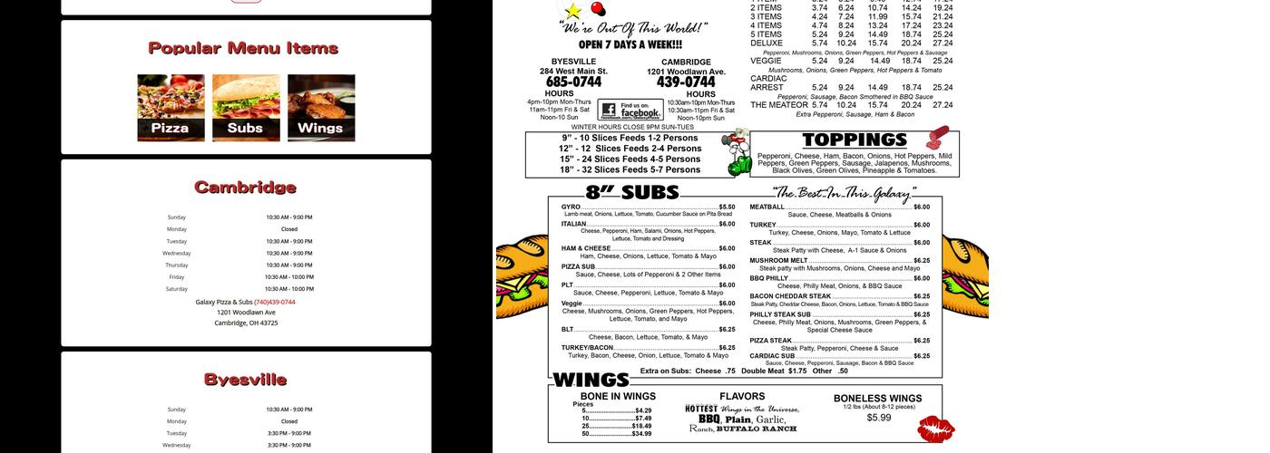 Galaxy Pizza Menu