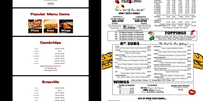 Galaxy Pizza Menu