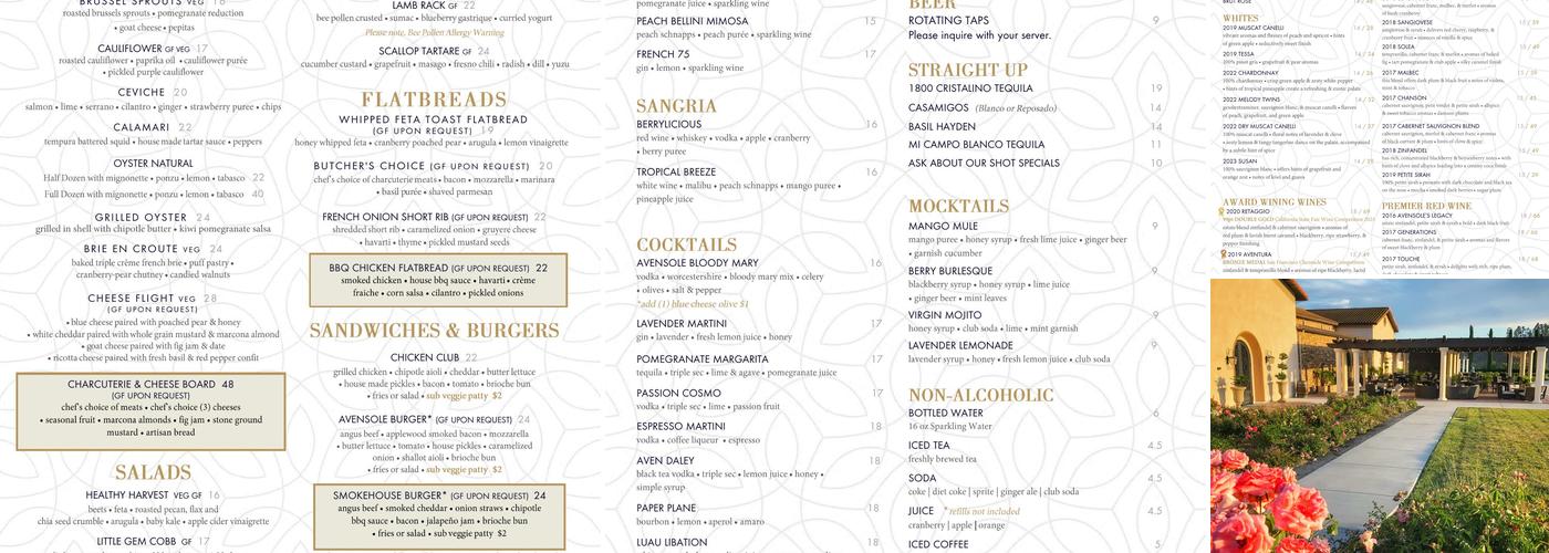 Avensole Winery Menu