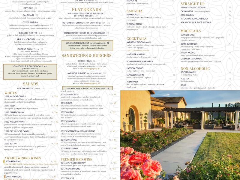 Avensole Winery Menu