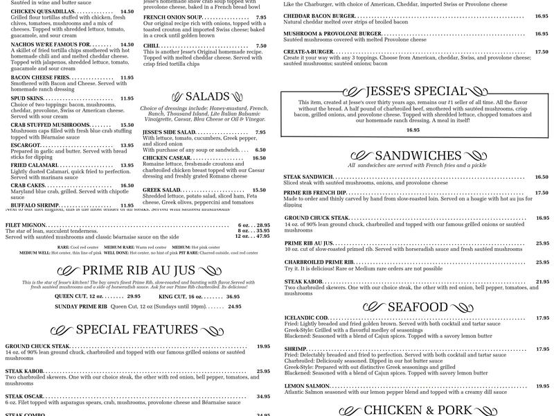 Jesse's Steak and Seafood Menu