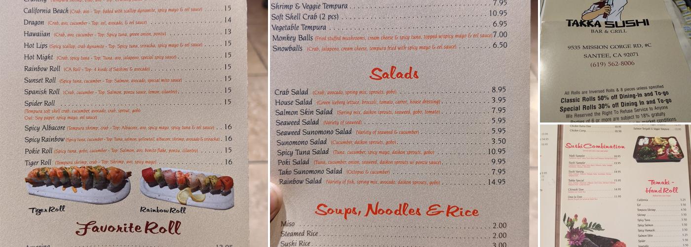 Takka Sushi Bar & Grill Menu