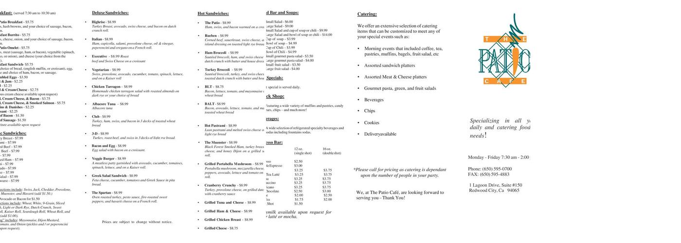 Patio Cafe Menu