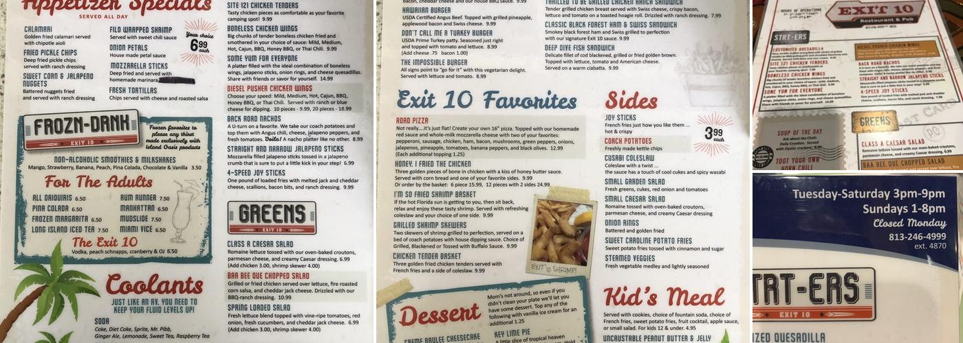 Exit 10 Restaurant and Pub Menu
