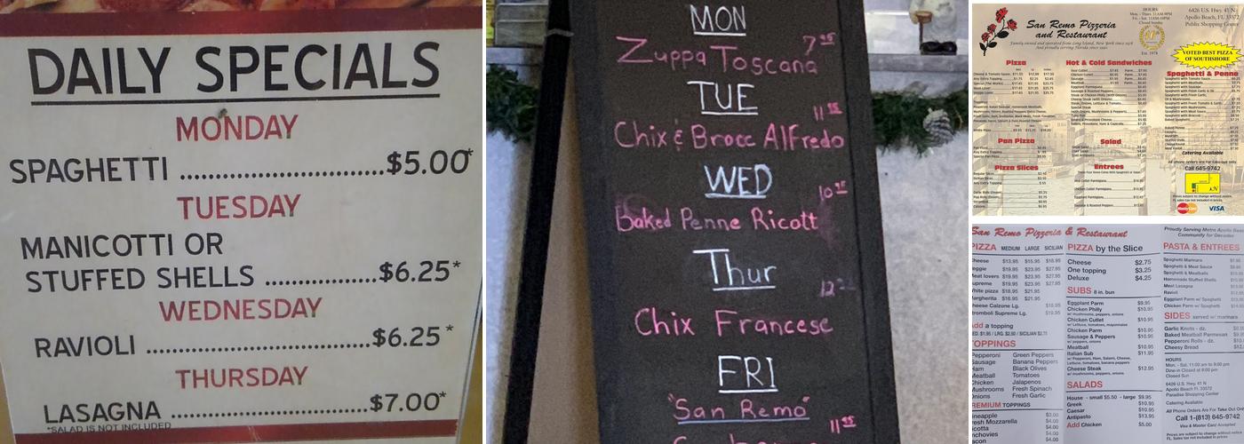 San REMO Pizza Restaurant Menu