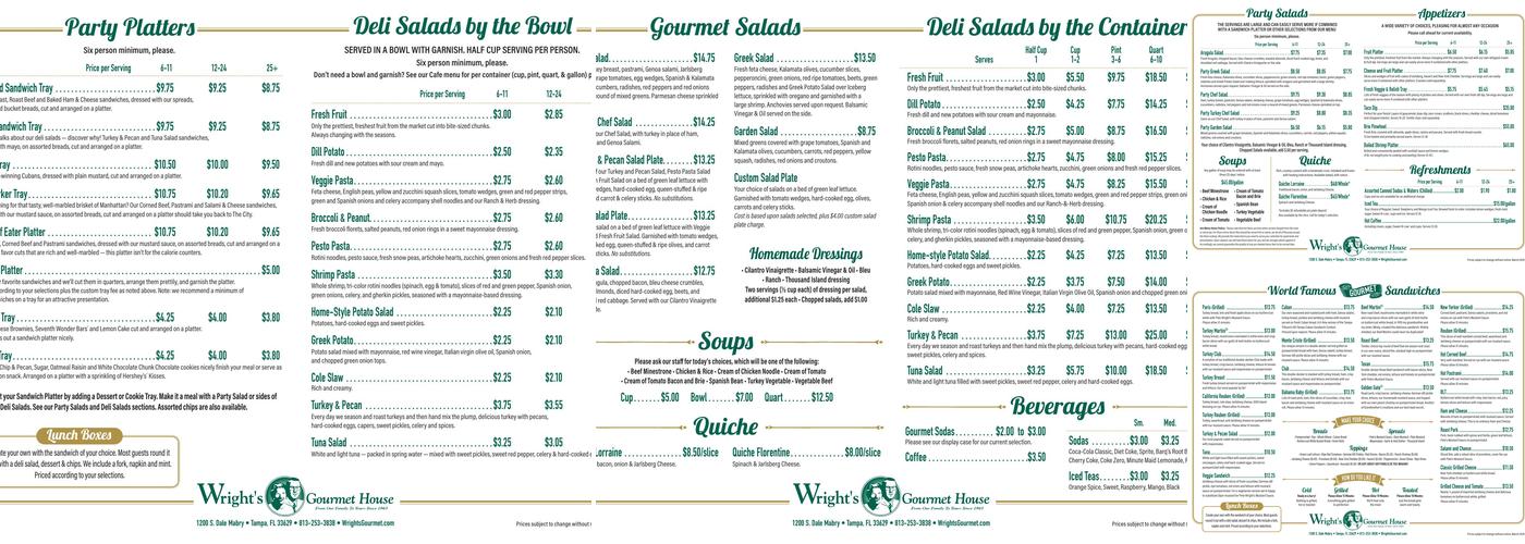 Wright's Gourmet House Menu