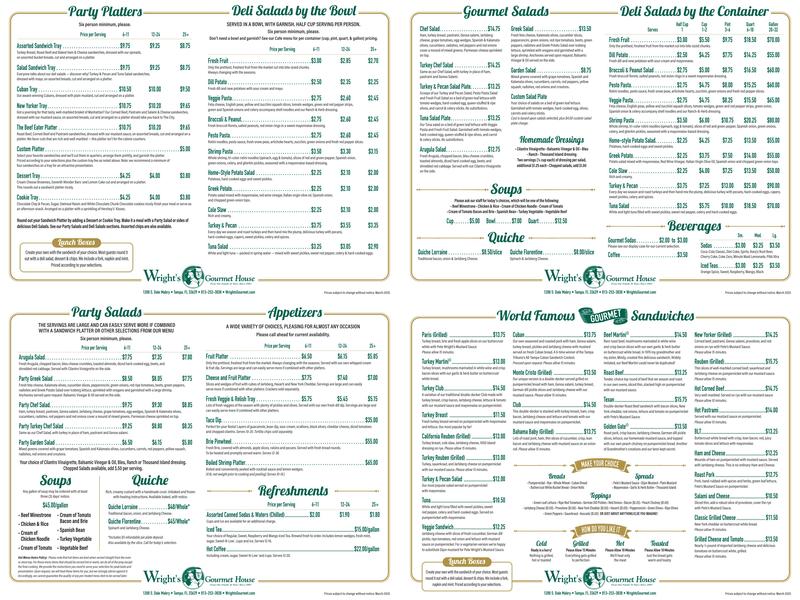 Wright's Gourmet House Menu