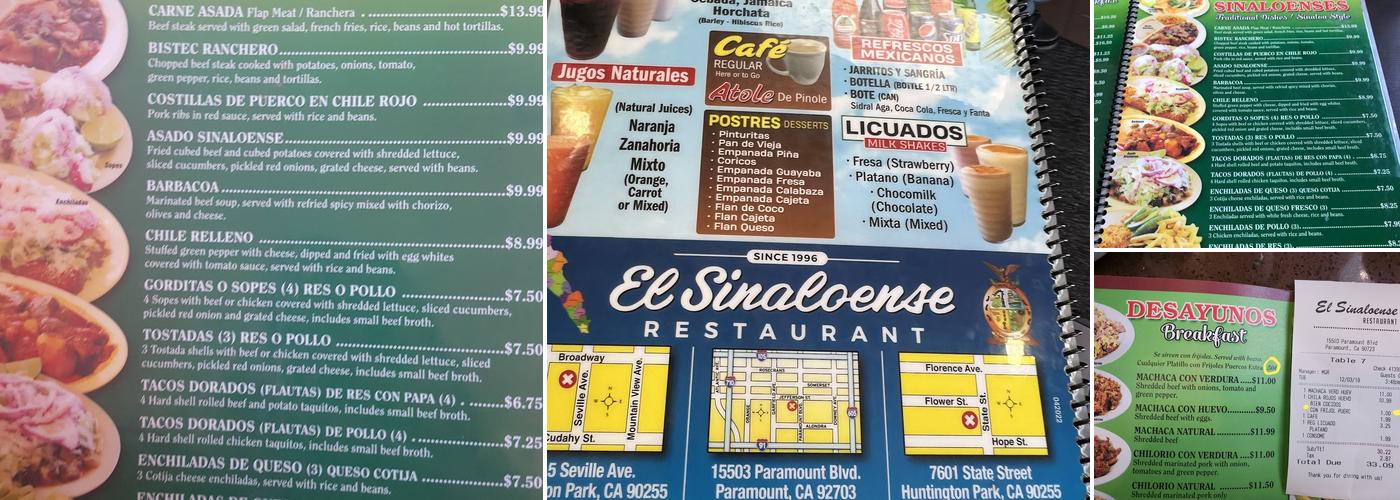 Restaurant El Sinaloense Menu