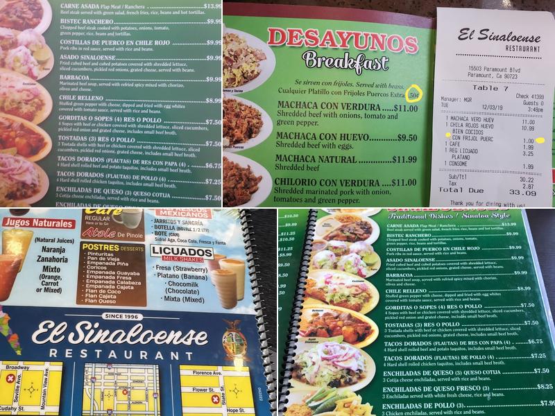 Restaurant El Sinaloense Menu