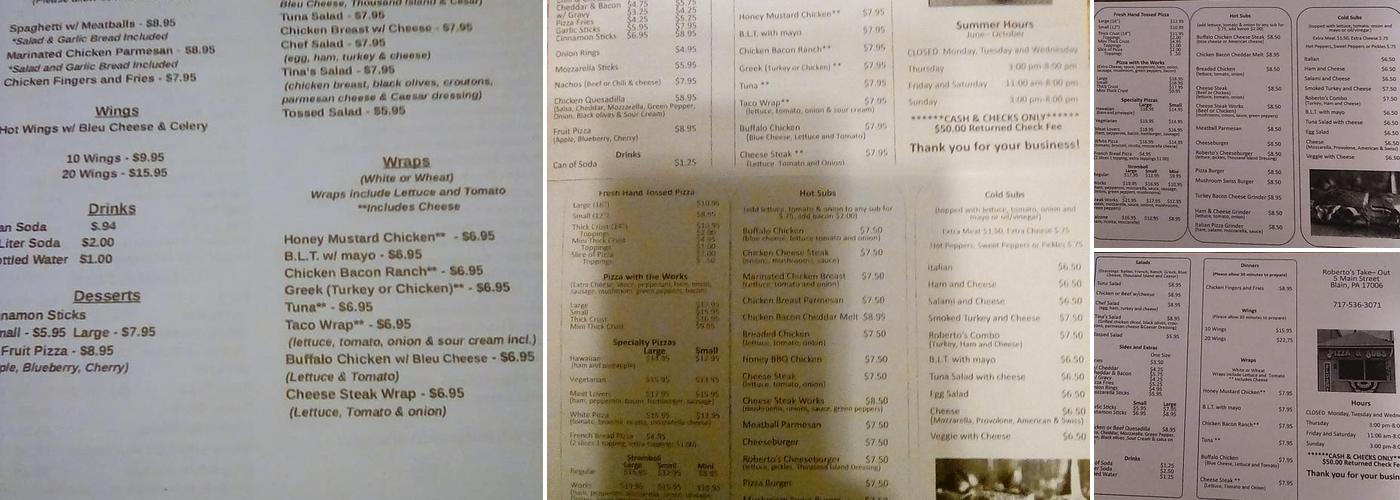 Roberto's Pizza & Sub Shop Menu