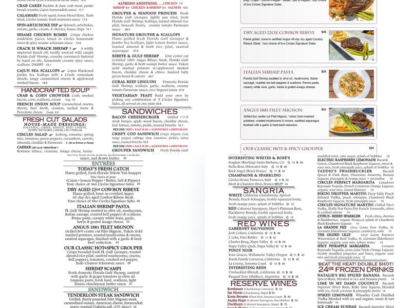 Circles Waterfront Restaurant Menu