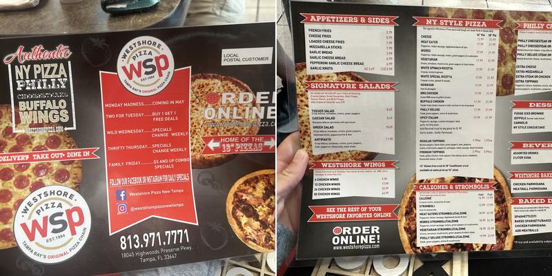 Westshore Pizza Menu