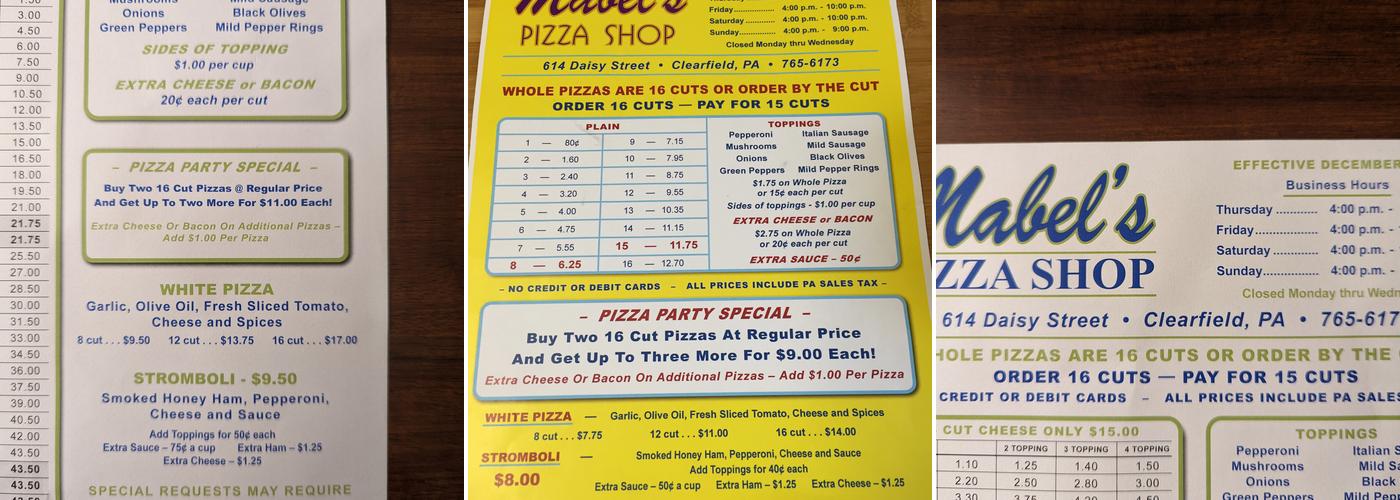 Mabel's Pizza Shop Menu
