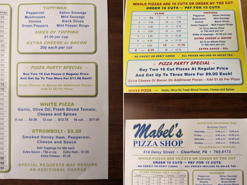 Mabel's Pizza Shop Menu
