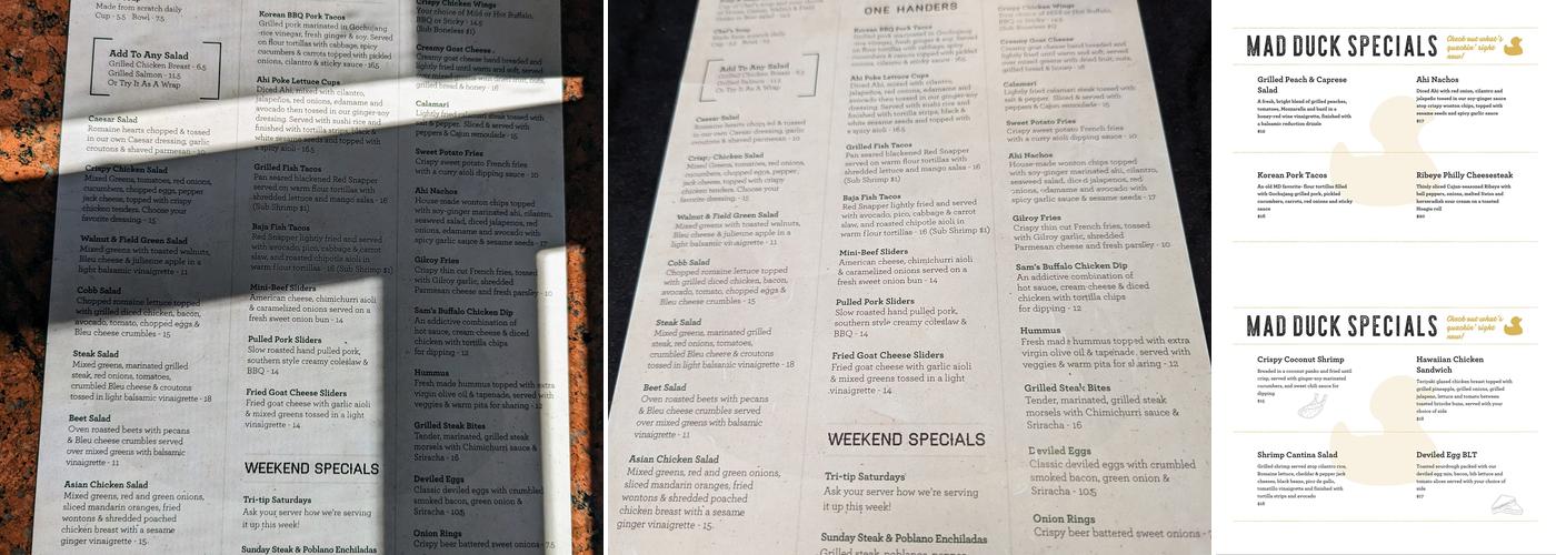 The Mad Duck Menu