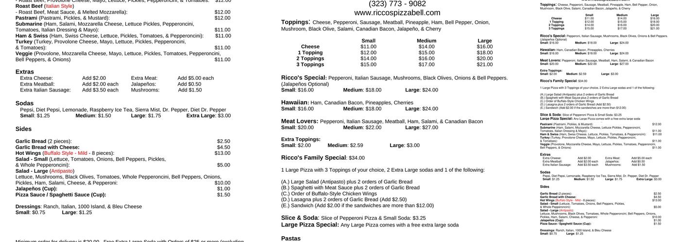 Ricco's Pizza Menu