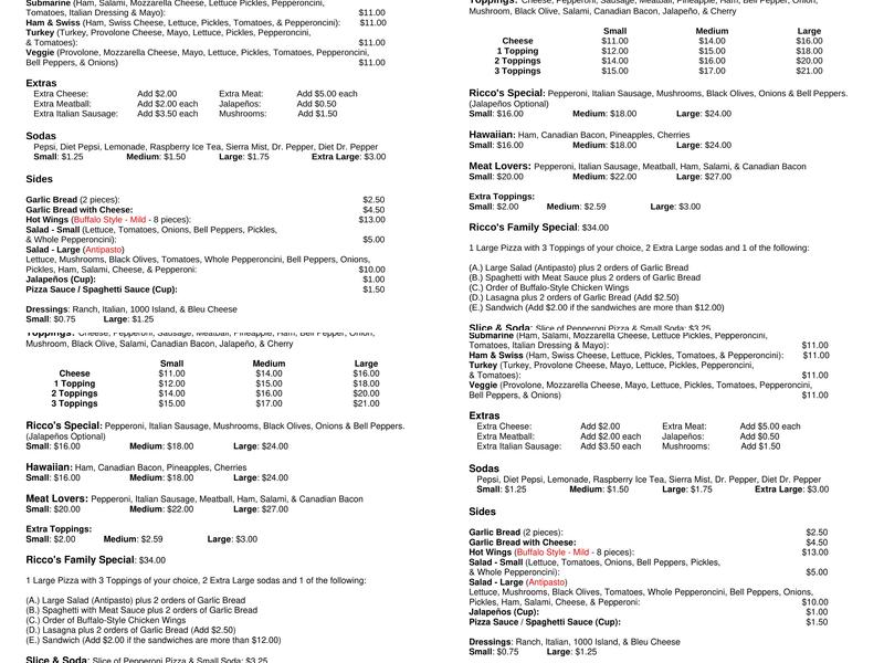 Ricco's Pizza Menu