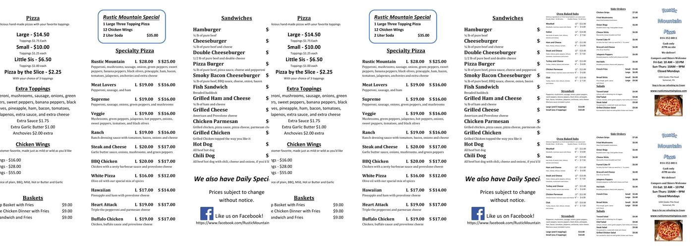 Rustic Mountain Pizza Menu