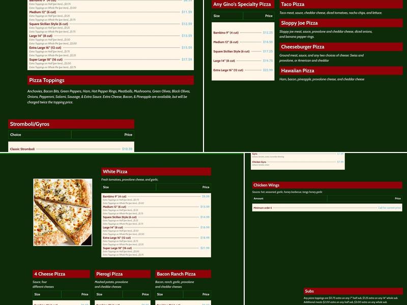 Gino's Pizza Lynch Field Menu