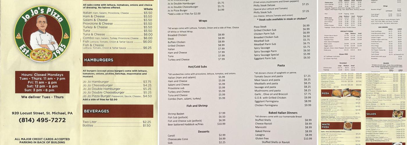 Jo Jo's Pizza Menu