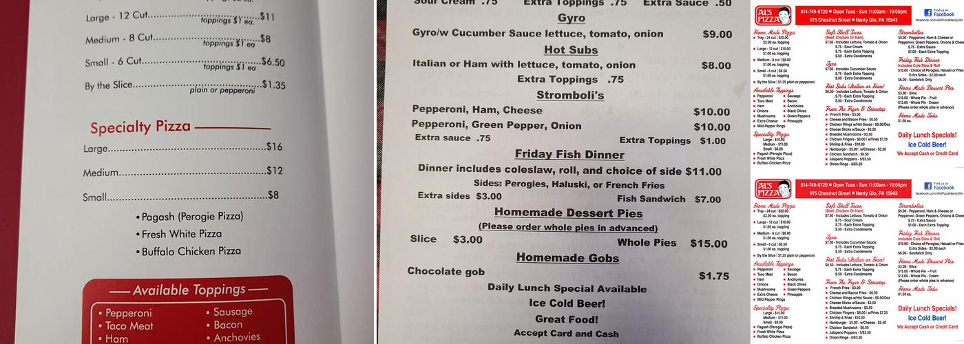 Al's Pizza Menu