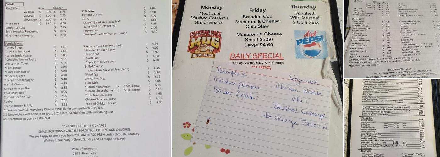 Wise's Restaurant Menu