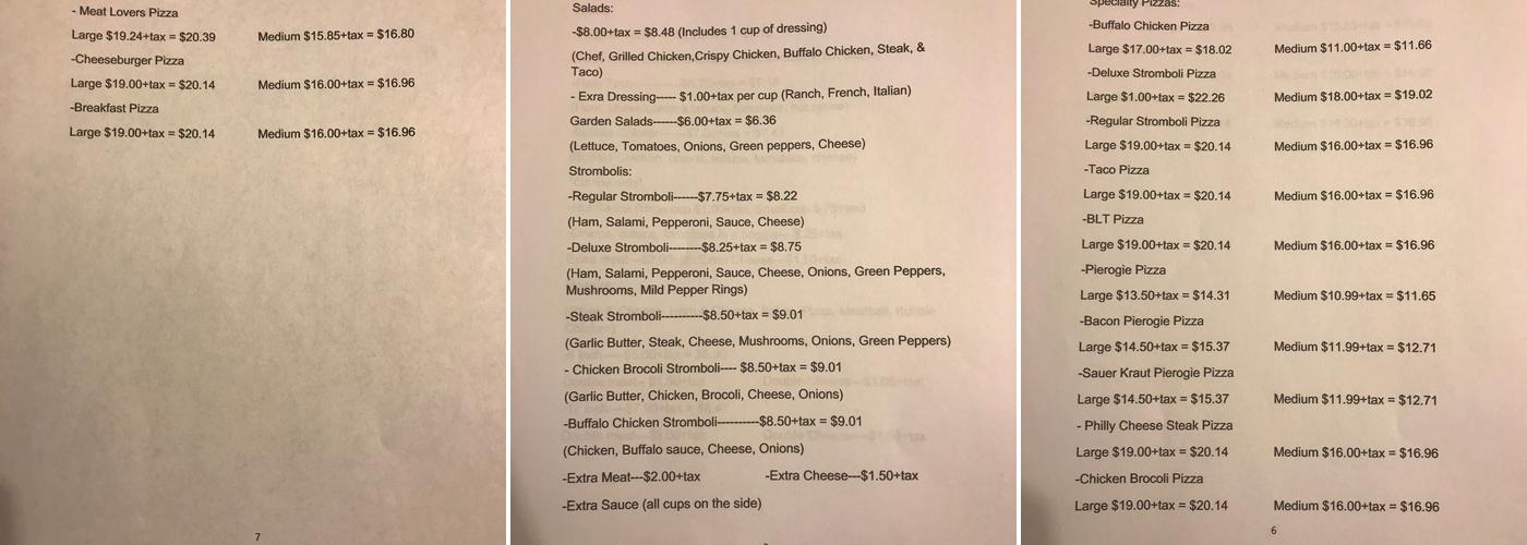 Twin Rocks Pizza Menu