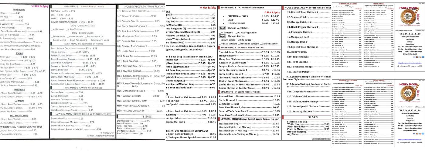 Honey Moon Menu