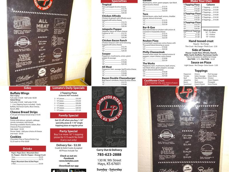 Lomato's Pizza Menu