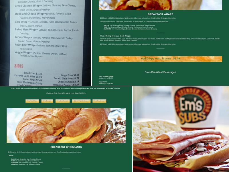 Em's Subs Menu