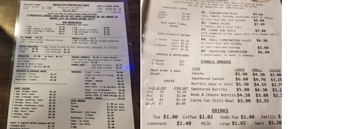 Orozco's Portales Cafe Menu
