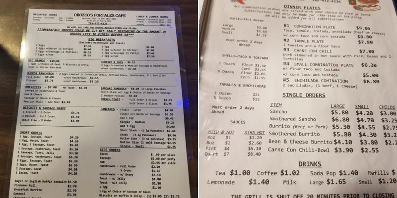 Orozco's Portales Cafe Menu