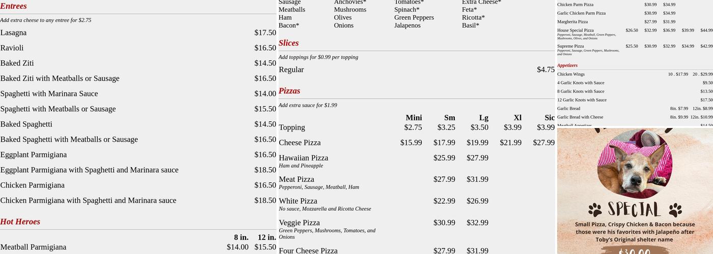 Alfonso's Pizzeria Menu