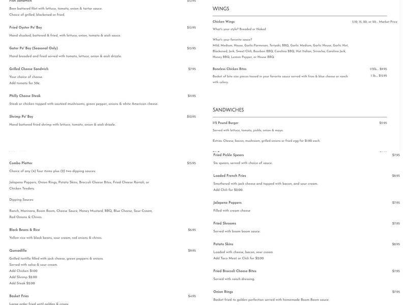 Skinny's Bar & Grill Menu