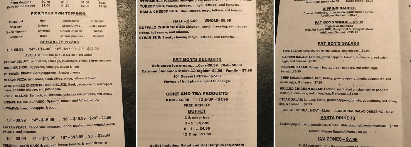 Fat Boys Pizza Menu