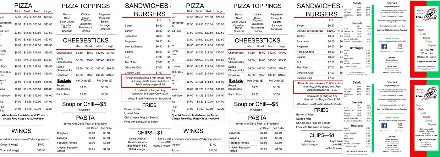 D'Mario's Pizza Menu